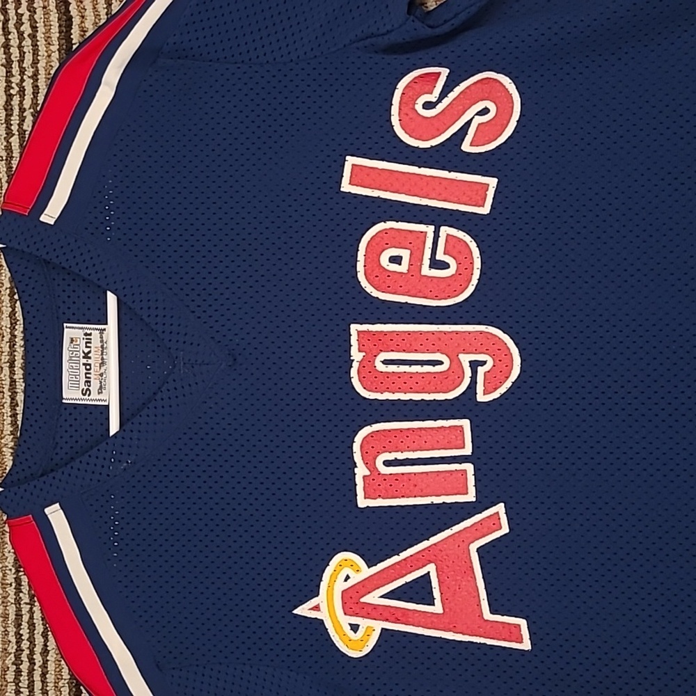 SAND KNIT Los Angeles Angels MLB Blue‎ White Red Medium Mens Baseball Jersey VTG